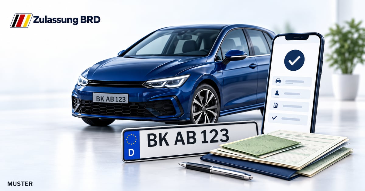 Online Fahrzeugzulassung in Hohe Börde: Musterkennzeichen BK AB 123, Auto und Fahrzeugpapiere und Smartphone. Illustration mit Logo von Zulassung BRD.